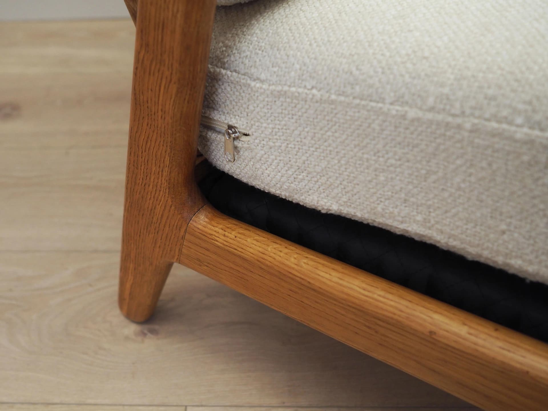 Armchair, oak, ecru fabric, by H. Brockmann Petersen, Randers Møbelfabrik, Denmark, 1960s - 42431