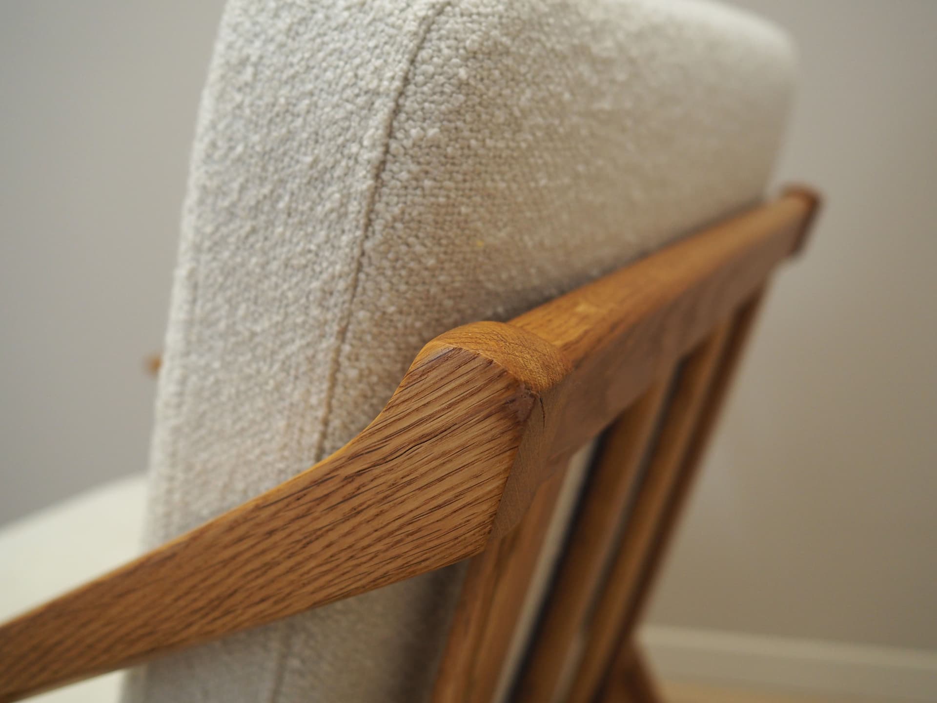 Armchair, oak, ecru fabric, by H. Brockmann Petersen, Randers Møbelfabrik, Denmark, 1960s - 51618