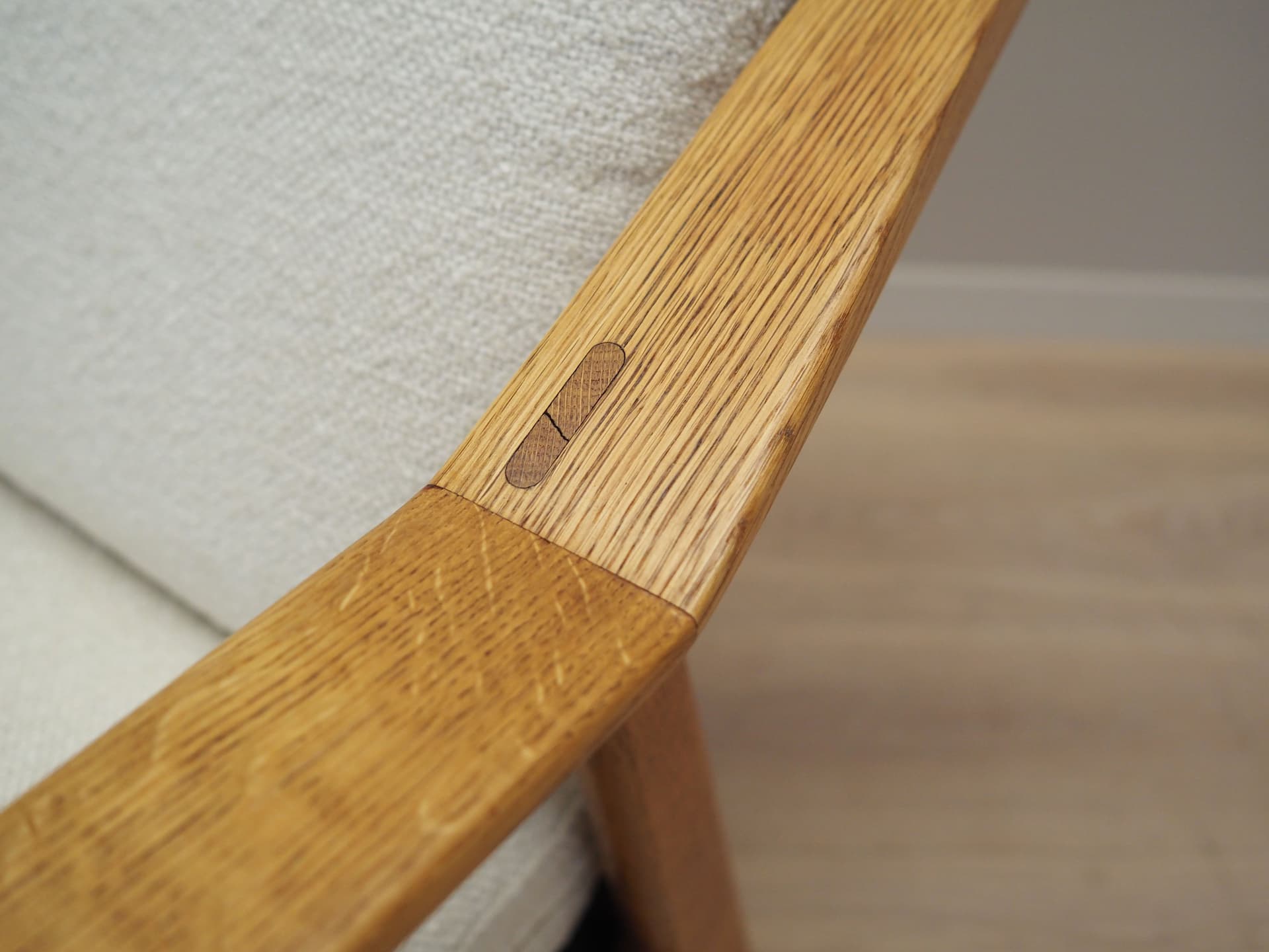 Armchair, oak, ecru fabric, by H. Brockmann Petersen, Randers Møbelfabrik, Denmark, 1960s - 51616