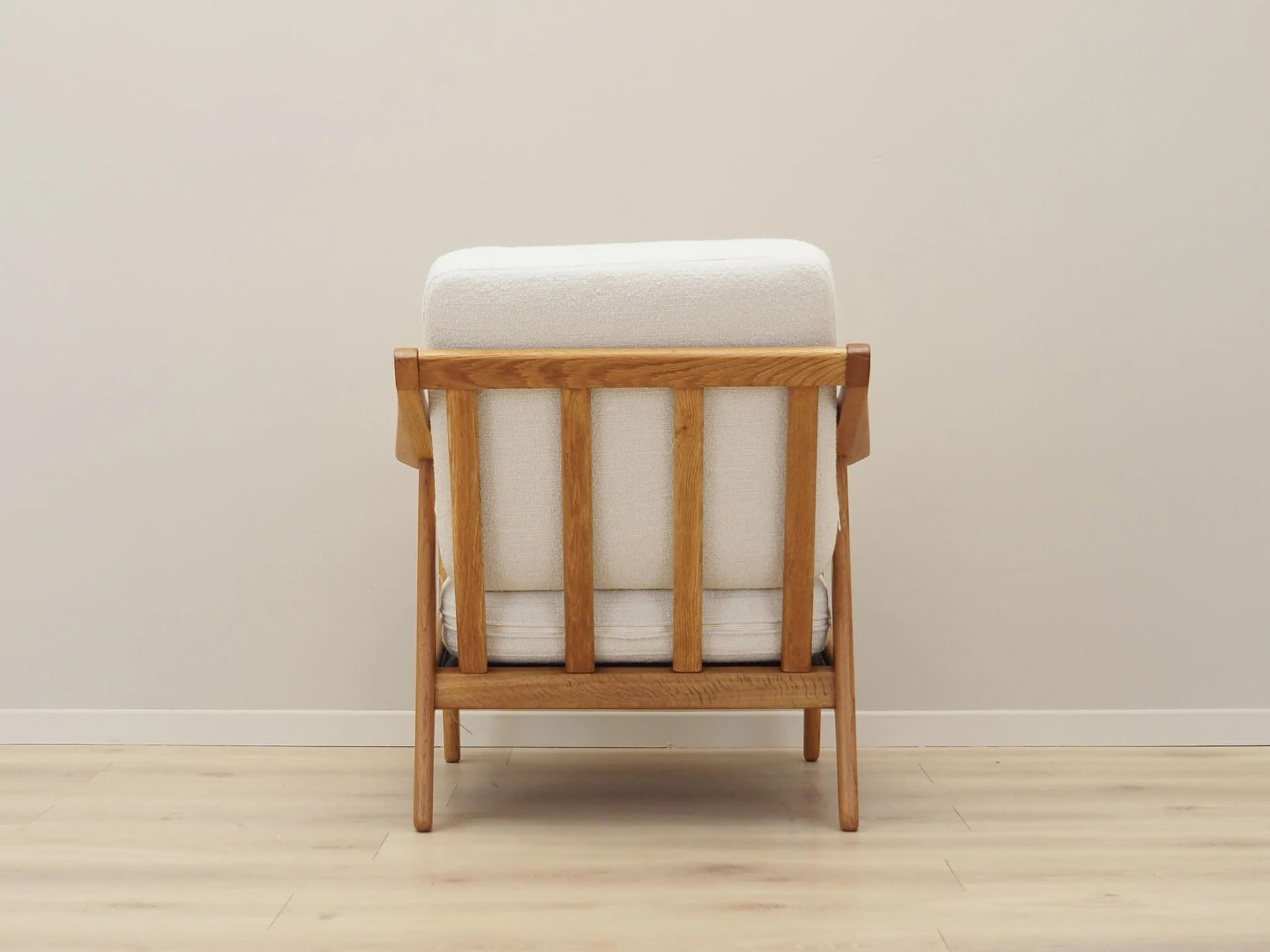 Armchair, oak, ecru fabric, by H. Brockmann Petersen, Randers Møbelfabrik, Denmark, 1960s - 42426