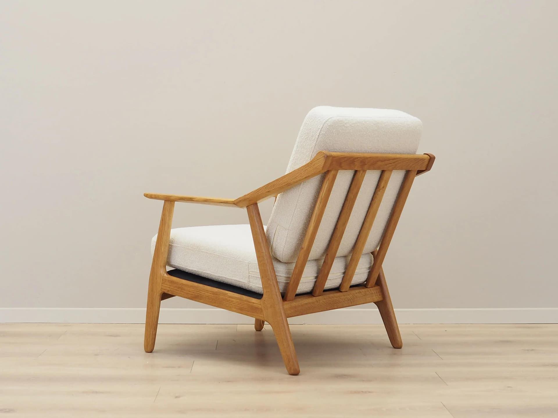 Armchair, oak, ecru fabric, by H. Brockmann Petersen, Randers Møbelfabrik, Denmark, 1960s - 42427