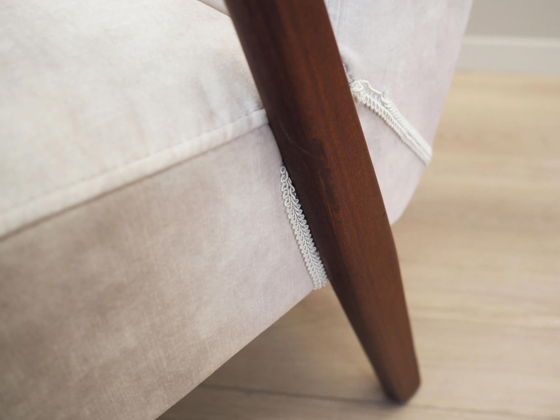 Armchair, ecru velvet, teak, Denmark, 1970s - 42323