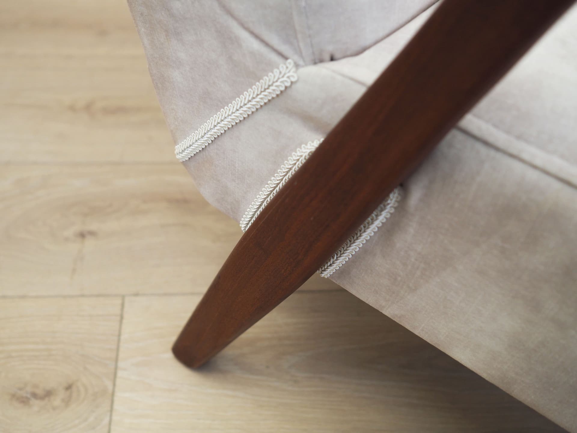 Armchair, ecru velvet, teak, Denmark, 1970s - 51579