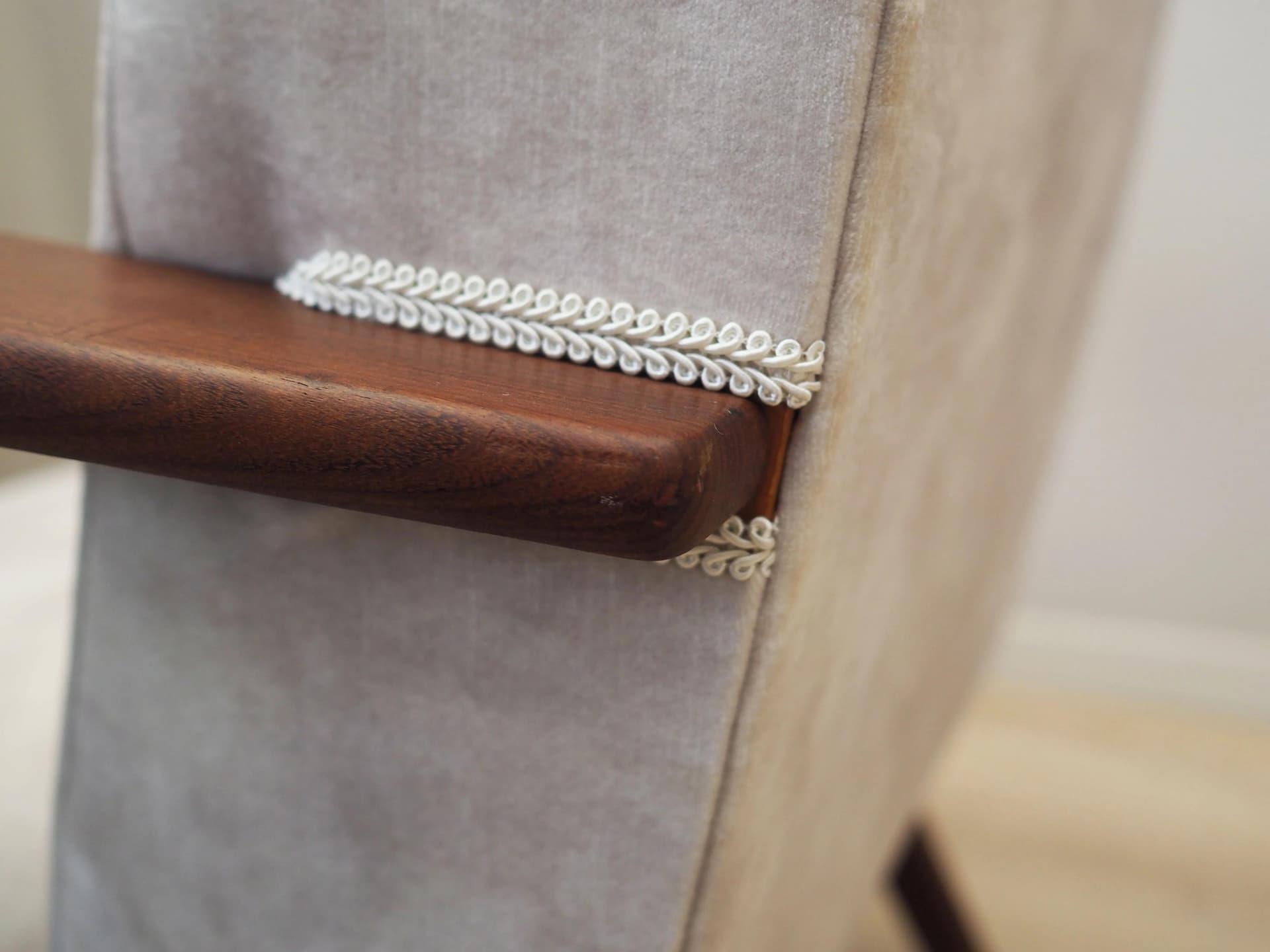 Armchair, ecru velvet, teak, Denmark, 1970s - 42324