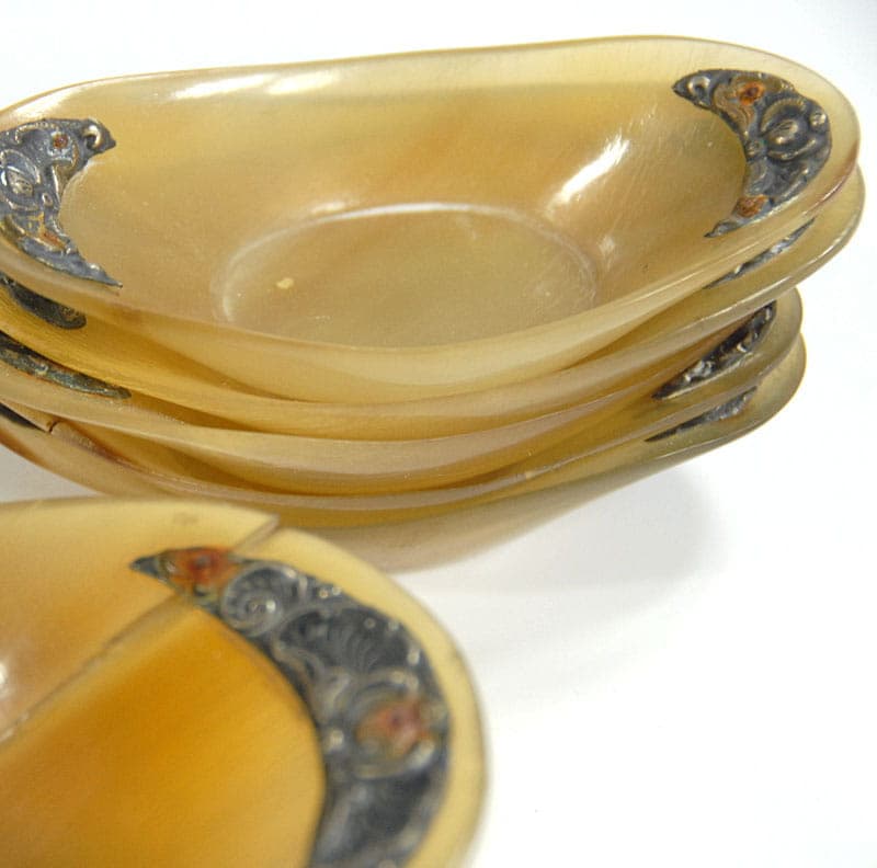 Zestaw miseczek art déco, beżowy, róg bawoli, srebro, Indonezja, lata 30. - 42096