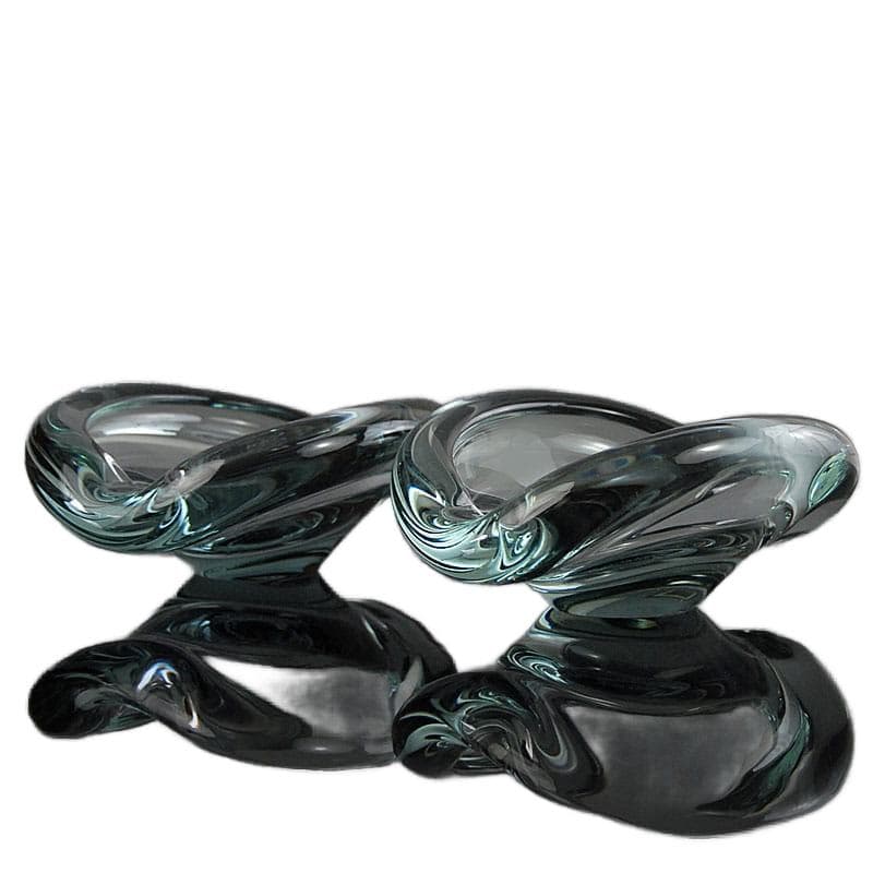 Pair of centerpieces, grey crystal glass, by P. Lütken, Holmegaard, Denmark, 1960s.