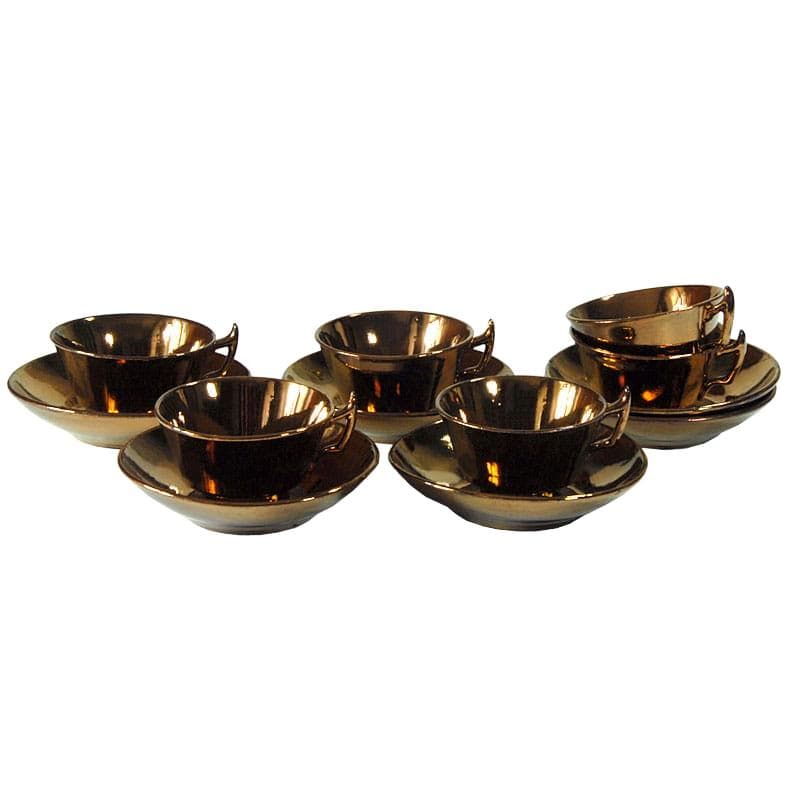 Set of Six Cups and Saucers, Victorian style, copper faience, United Kingdom, early 20th c.