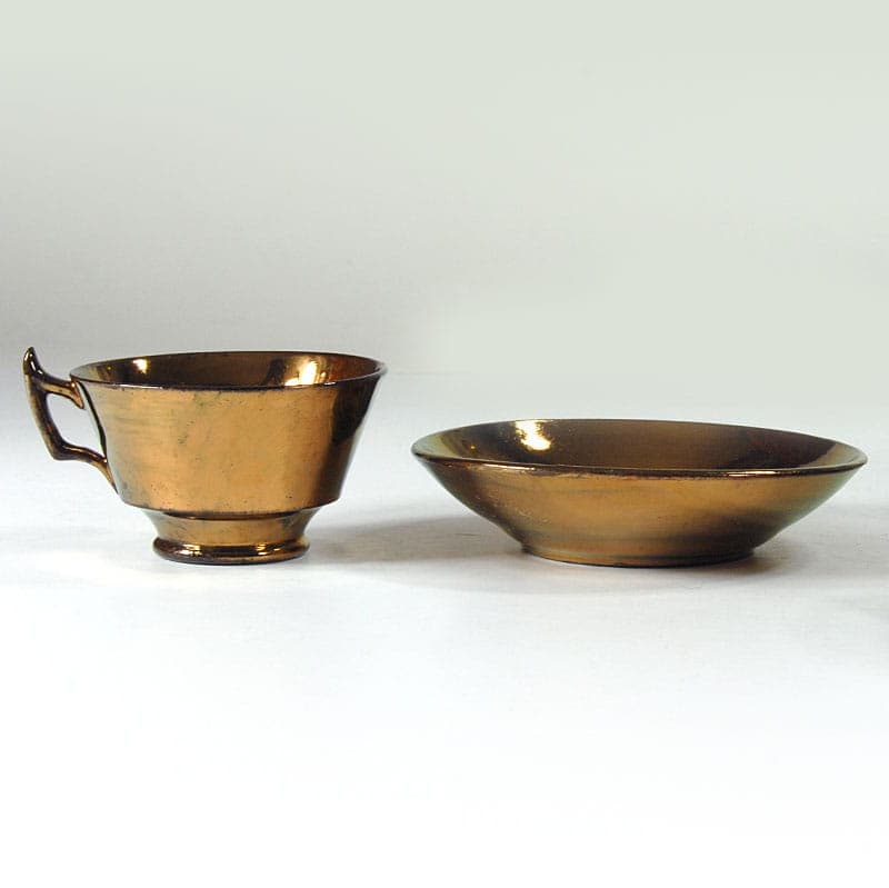 Zestaw sześciu filiżanek i spodków, styl wiktoriański, fajans miedziany, Wielka Brytania, początek XX w. - 43159