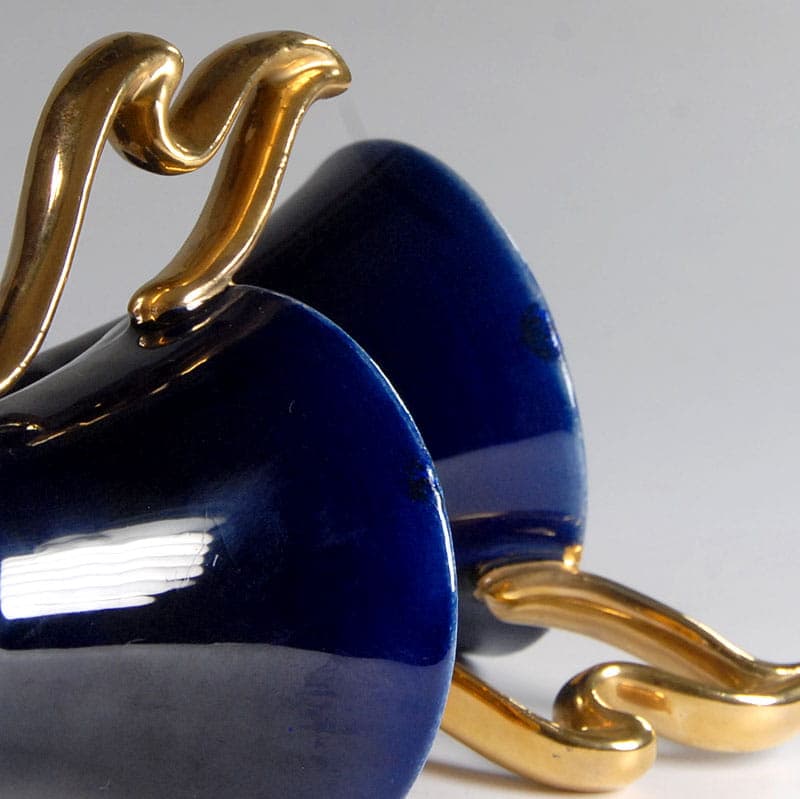 Komplet filiżanek z mlecznikiem, kobaltowy, ceramika, Francja, lata 50. - 43153