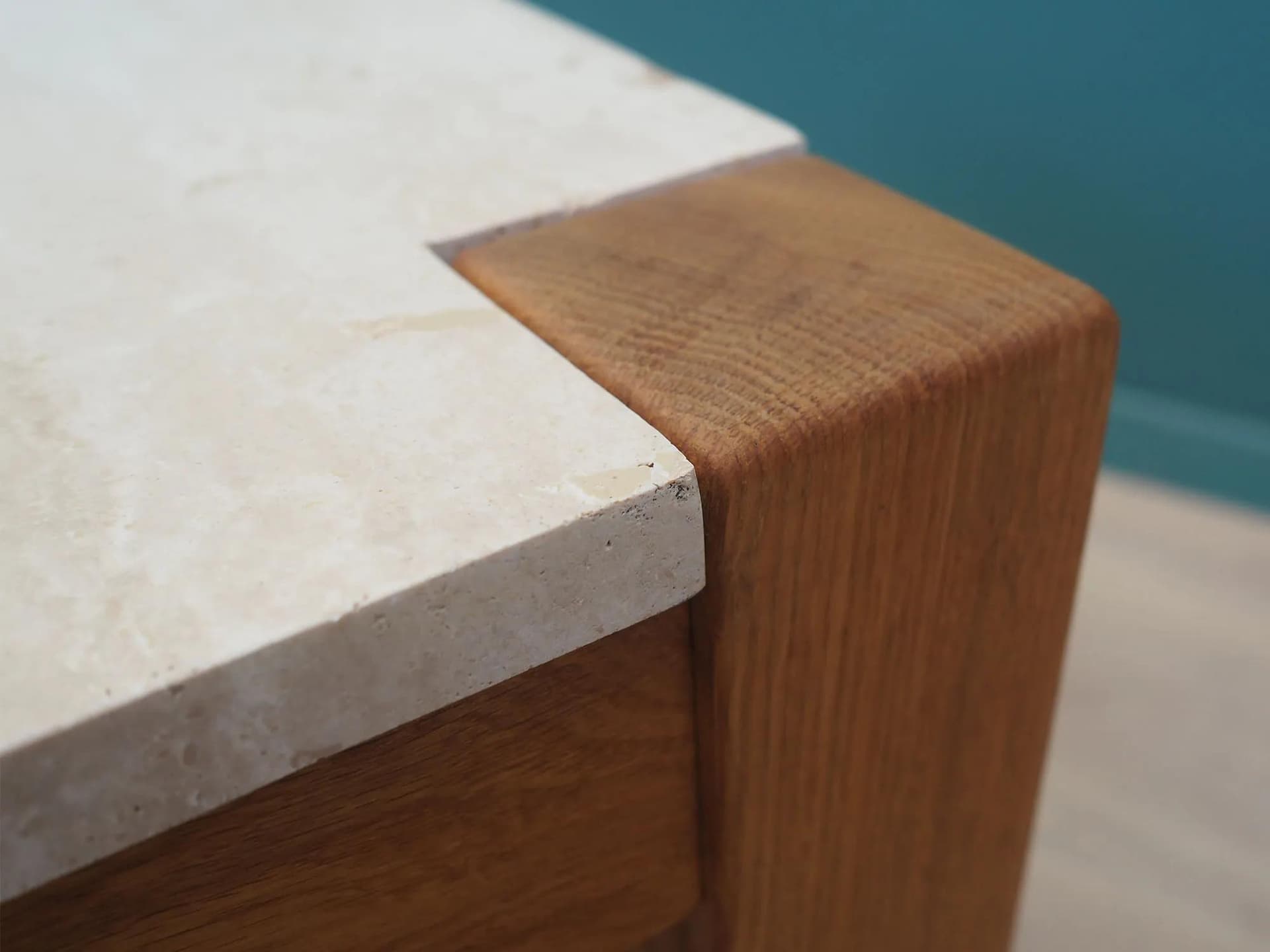 Side table, natural oak, beige travertine, Denmark, 1970s - 43225