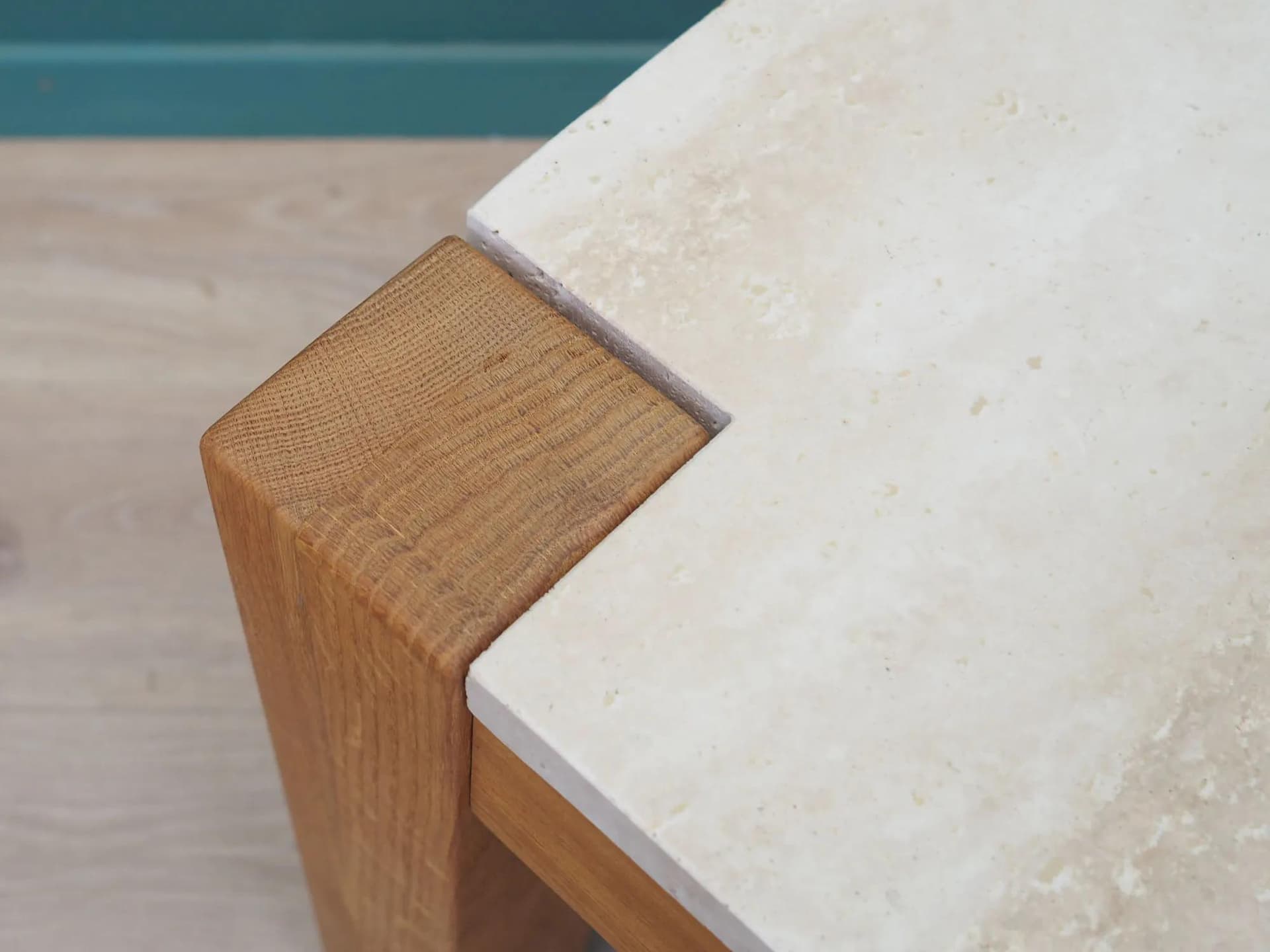 Side table, natural oak, beige travertine, Denmark, 1970s - 43223