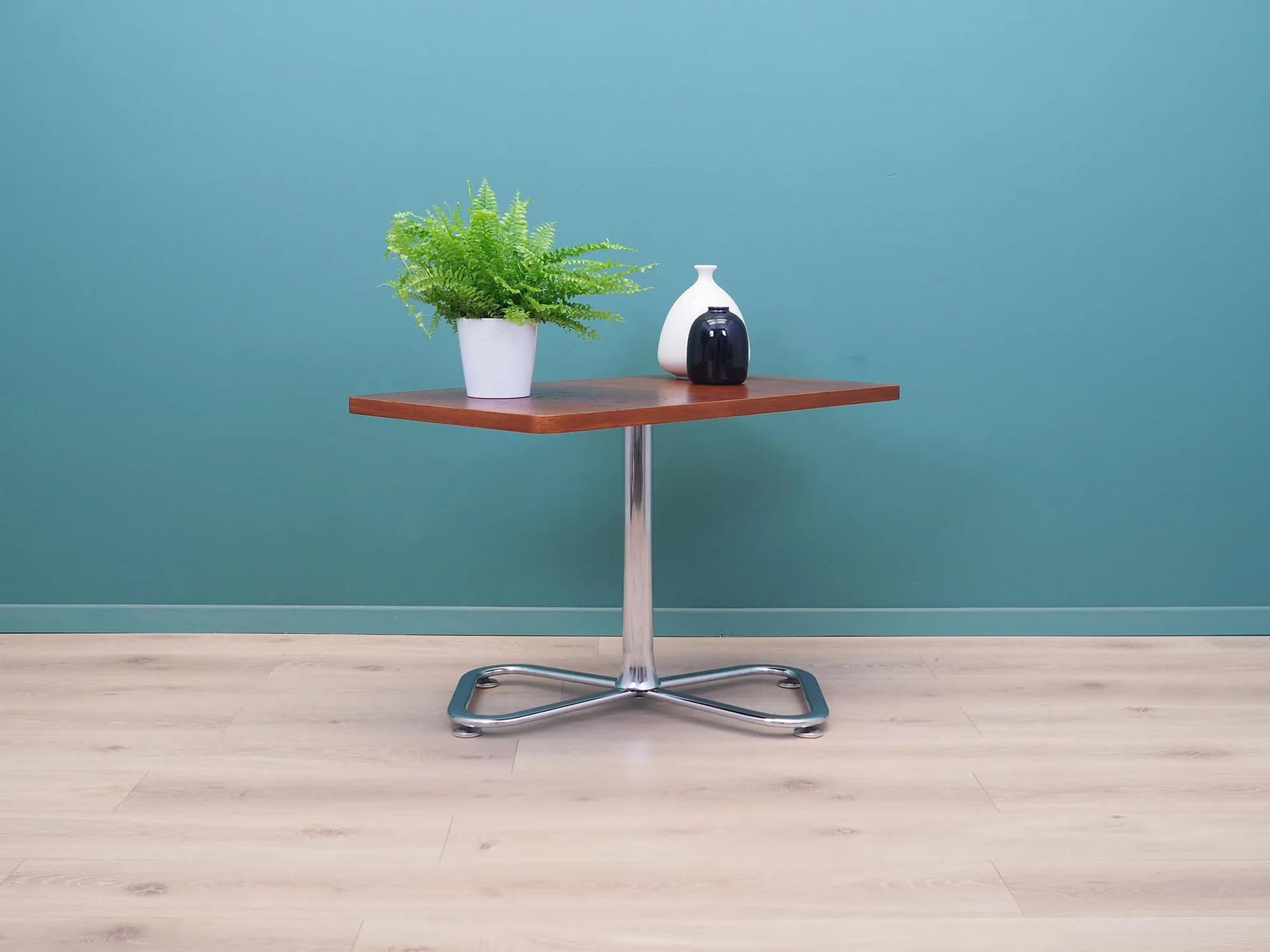 Stolik, teak brązowy, stal chromowana, Dania, lata 70. - 43197