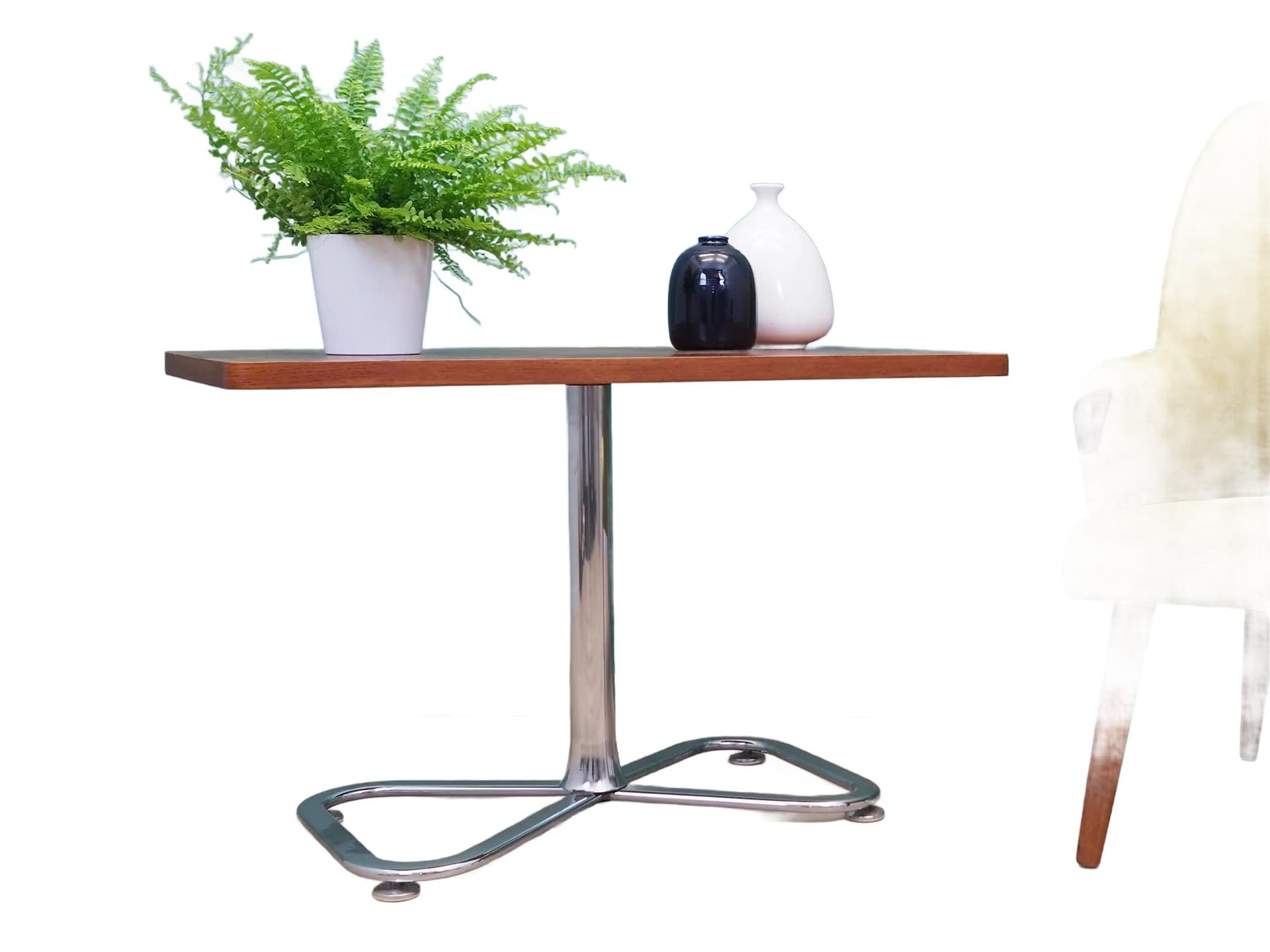 Stolik, teak brązowy, stal chromowana, Dania, lata 70. - 43195