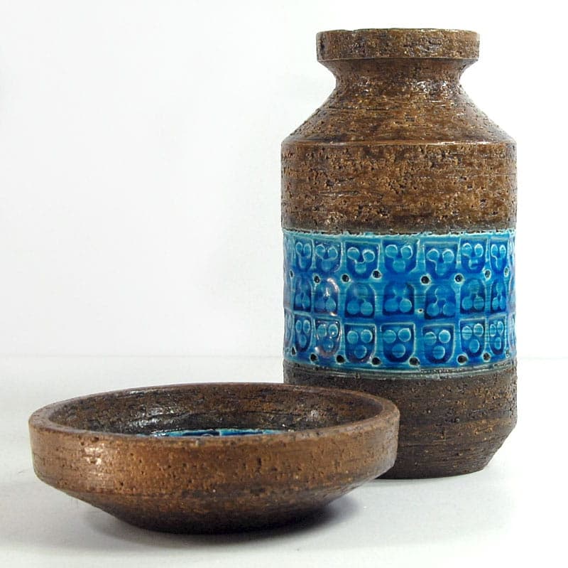 Set of vase and bowl Rimini Blue, turquoise, ceramics, by A. Londi, Bitossi, Italy, 1960s. - 43553