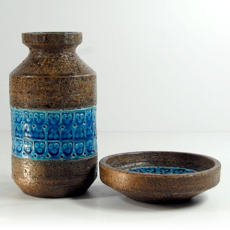 Set of vase and bowl Rimini Blue, turquoise, ceramics, by A. Londi, Bitossi, Italy, 1960s. - 43555