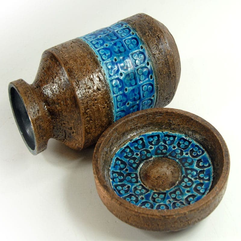 Set of vase and bowl Rimini Blue, turquoise, ceramics, by A. Londi, Bitossi, Italy, 1960s. - 43557