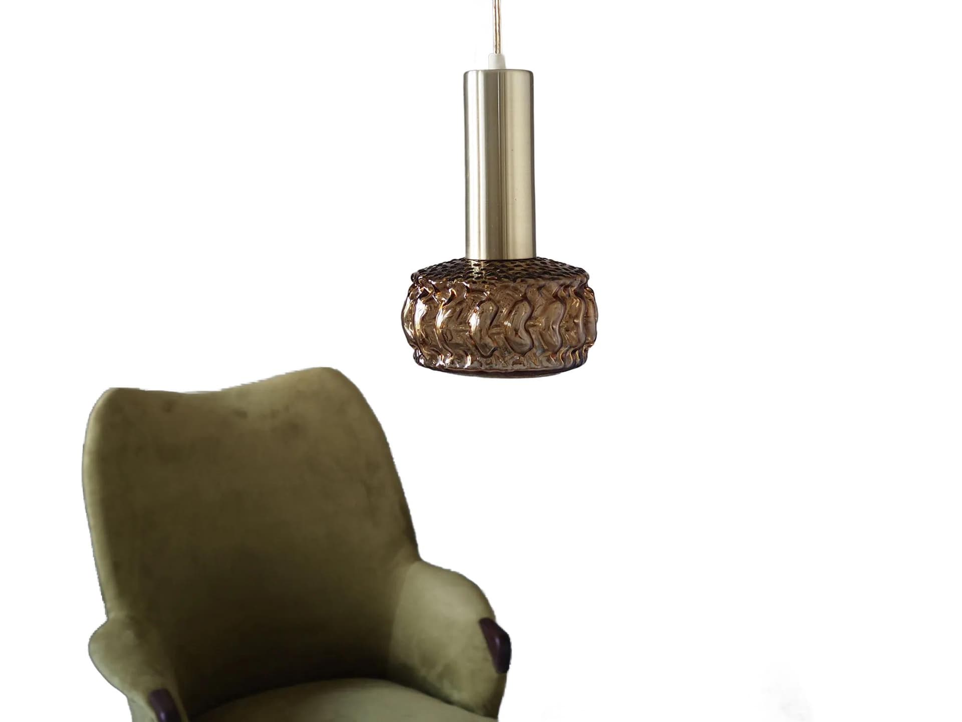 Pendant lamp, brown glass, gold metal, Denmark, 1970s. - 43175