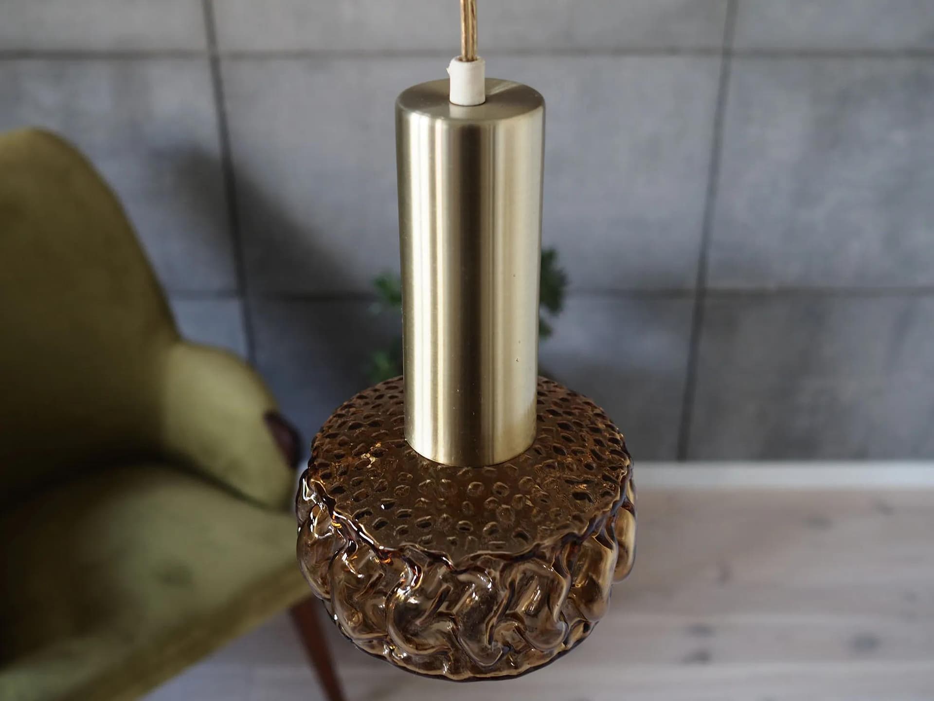 Pendant lamp, brown glass, gold metal, Denmark, 1970s. - 43181