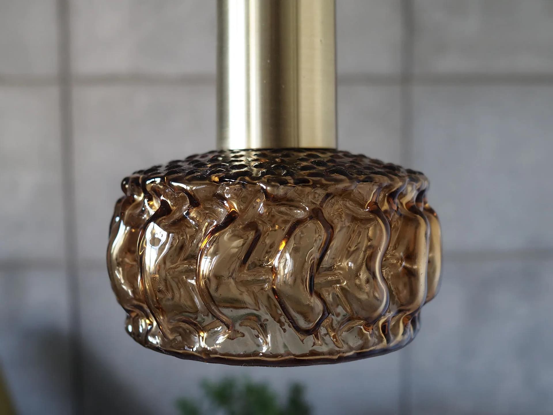 Pendant lamp, brown glass, gold metal, Denmark, 1970s. - 43184