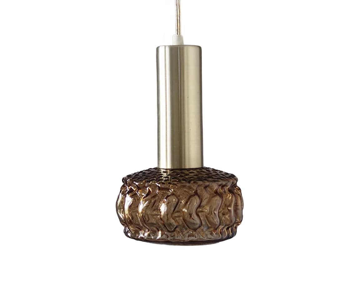 Pendant lamp, brown glass, gold metal, Denmark, 1970s.