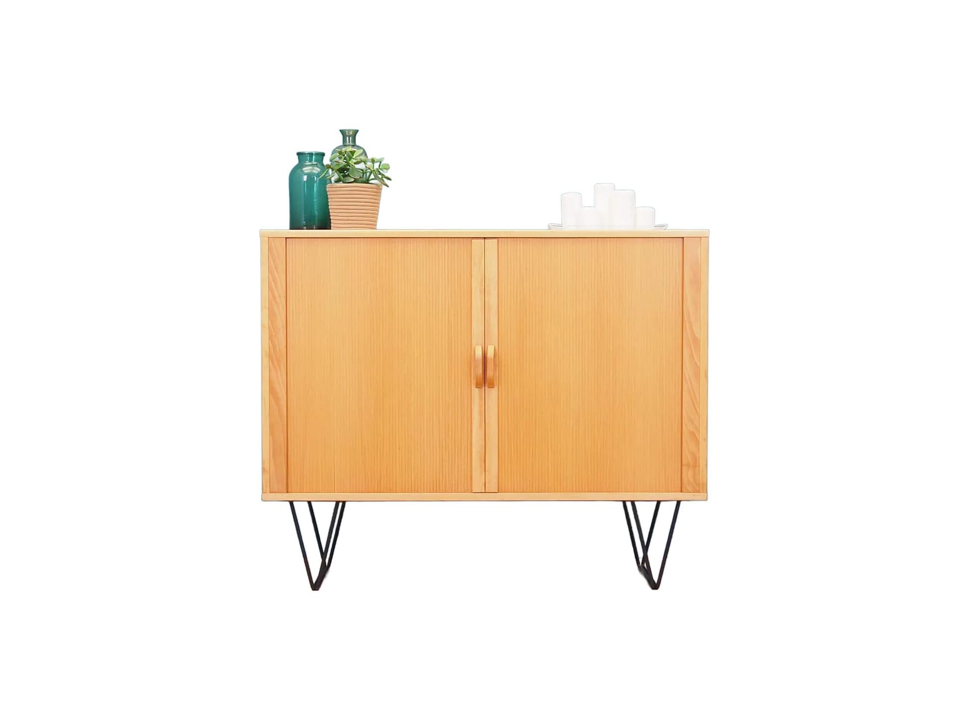 Cabinet, light brown ash, black metal, Denmark, 1970s.