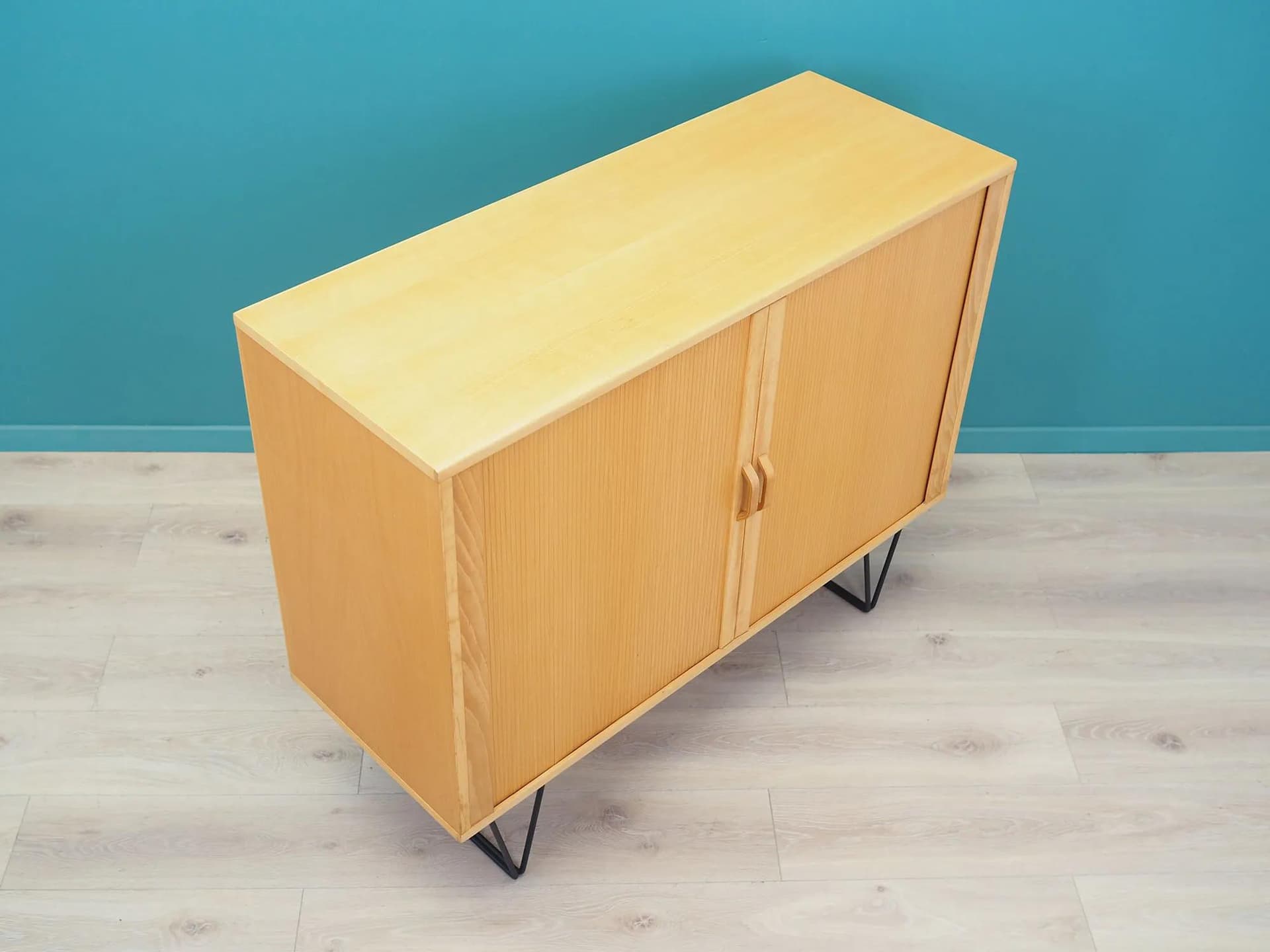 Cabinet, light brown ash, black metal, Denmark, 1970s. - 43891