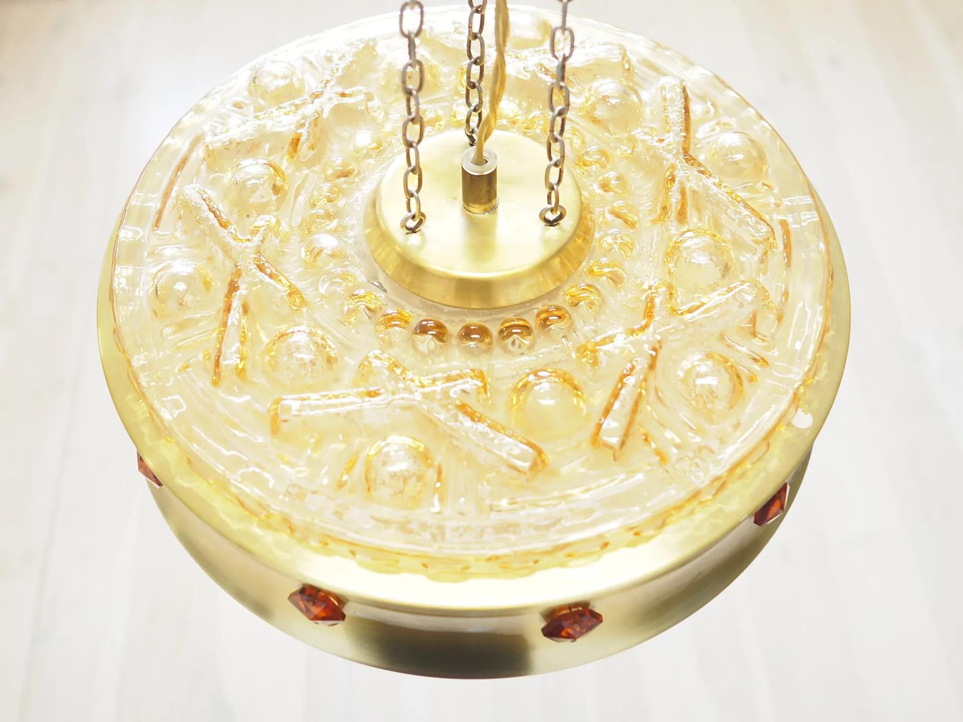 Pendant lamp, golden metal, glass, Denmark, 1980s. - 43869