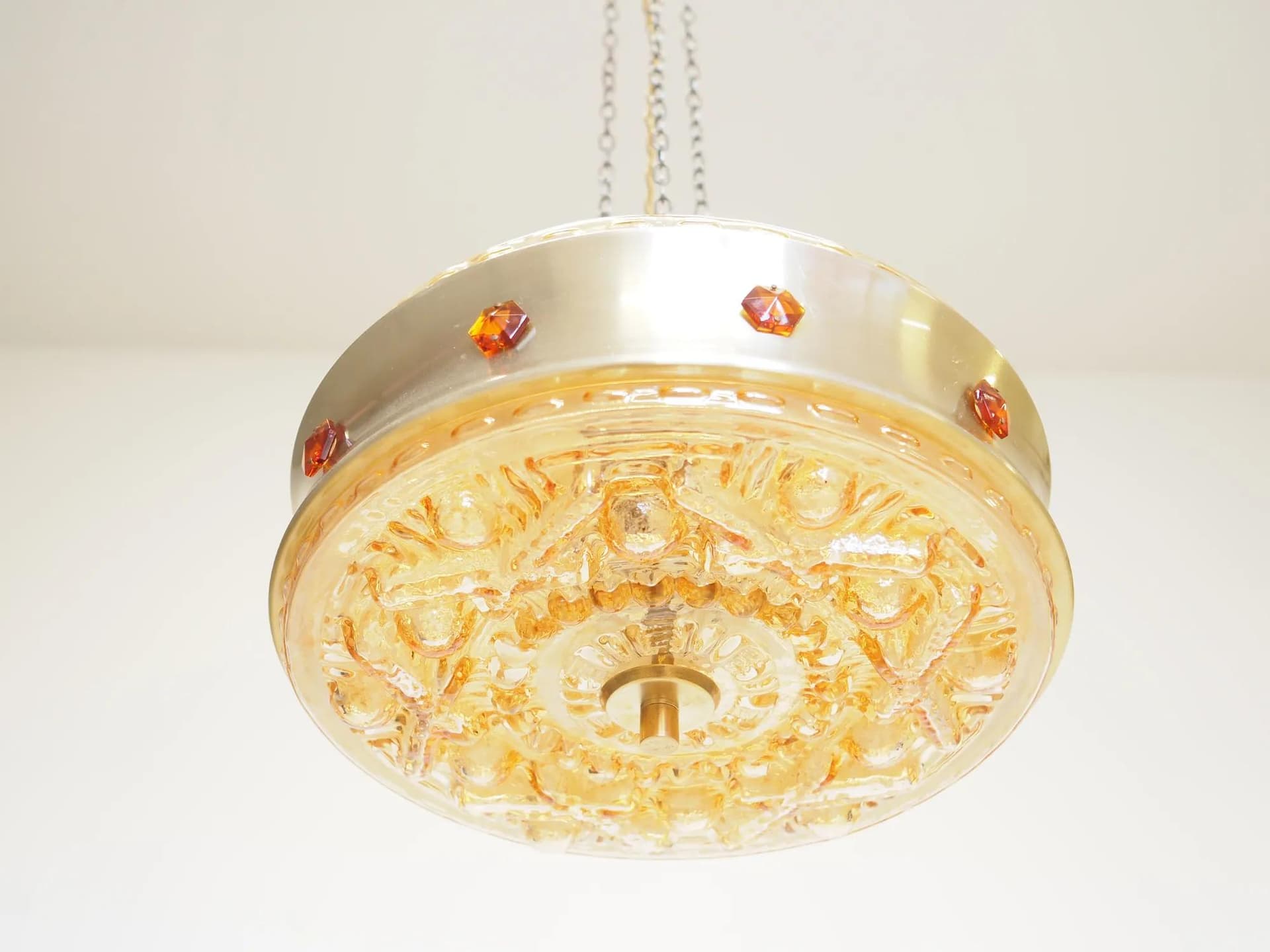 Pendant lamp, golden metal, glass, Denmark, 1980s. - 43871