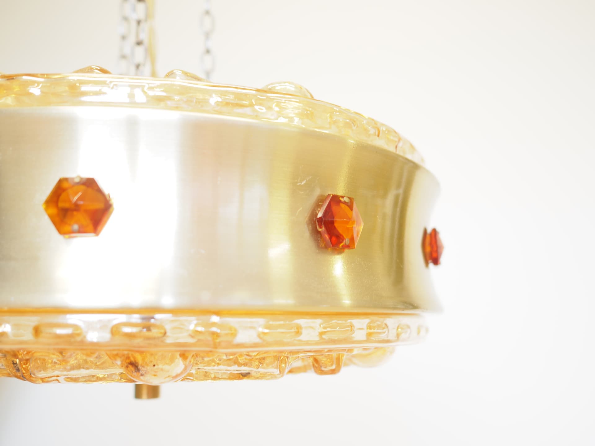 Pendant lamp, golden metal, glass, Denmark, 1980s. - 50790