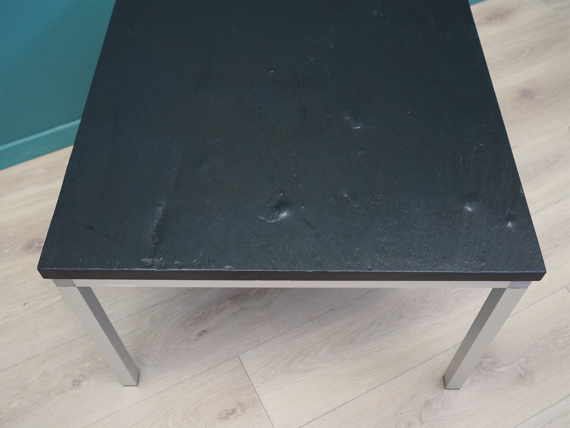 Coffee table, black slate top, aluminium, Denmark, 1970s. - 50592