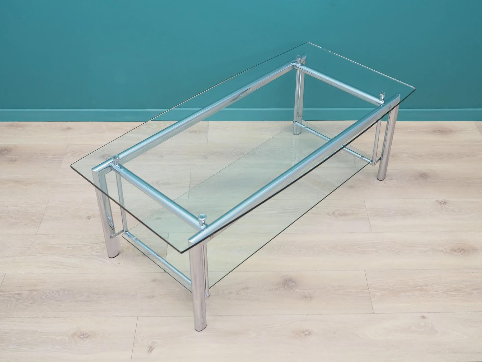 Coffee table, transparent glass, chrome, Denmark, 1970s - 44340