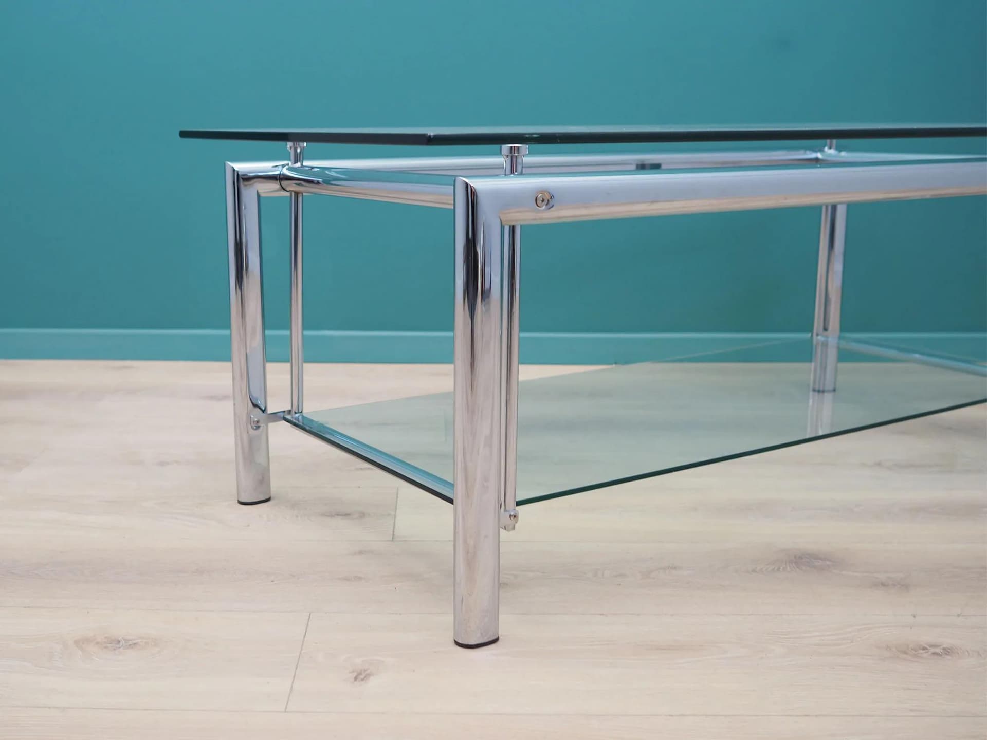 Coffee table, transparent glass, chrome, Denmark, 1970s - 44337