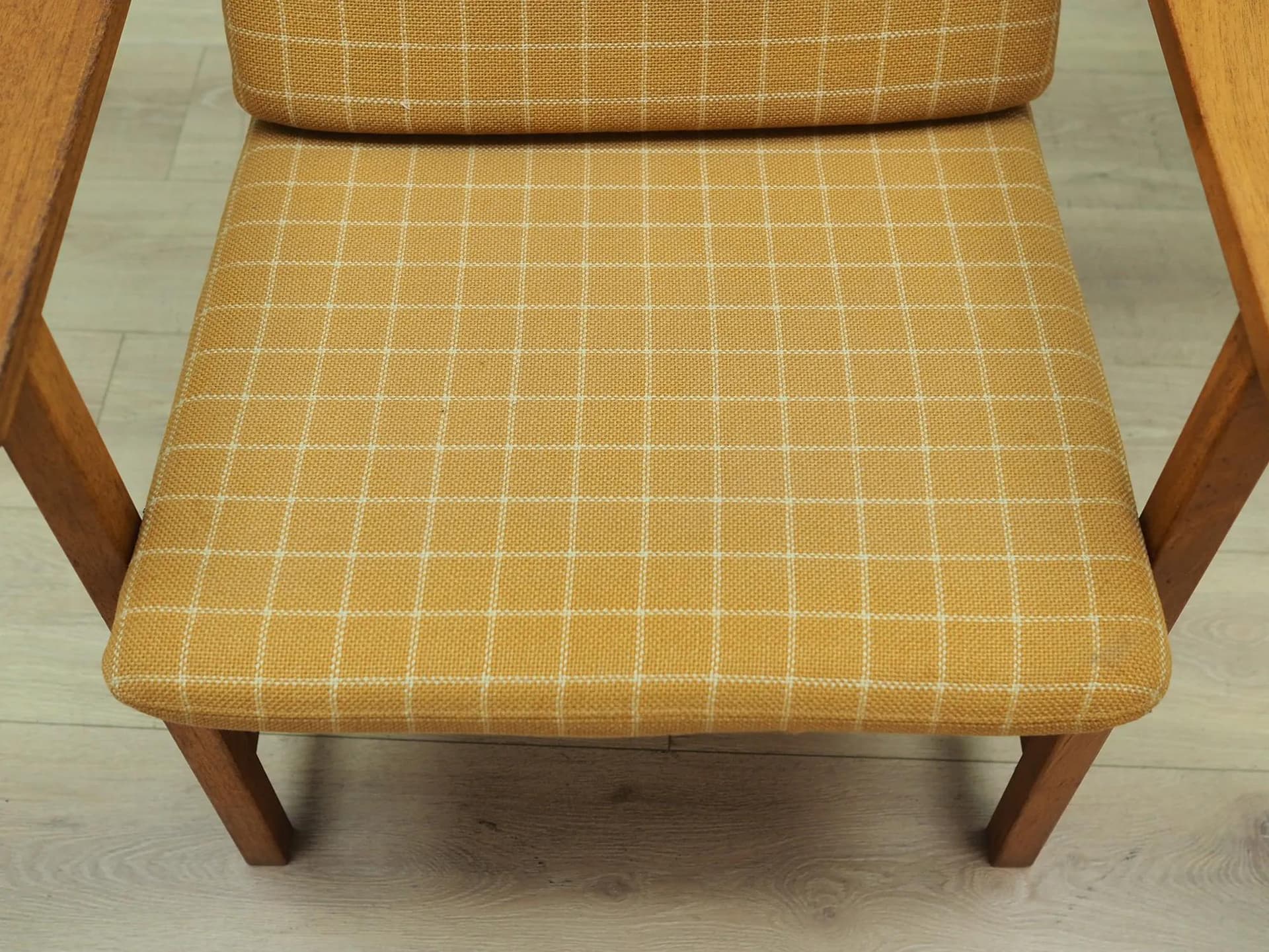 Armchair, yellow fabric, teak, by B. Mogensen, Denmark, 1970s - 44315