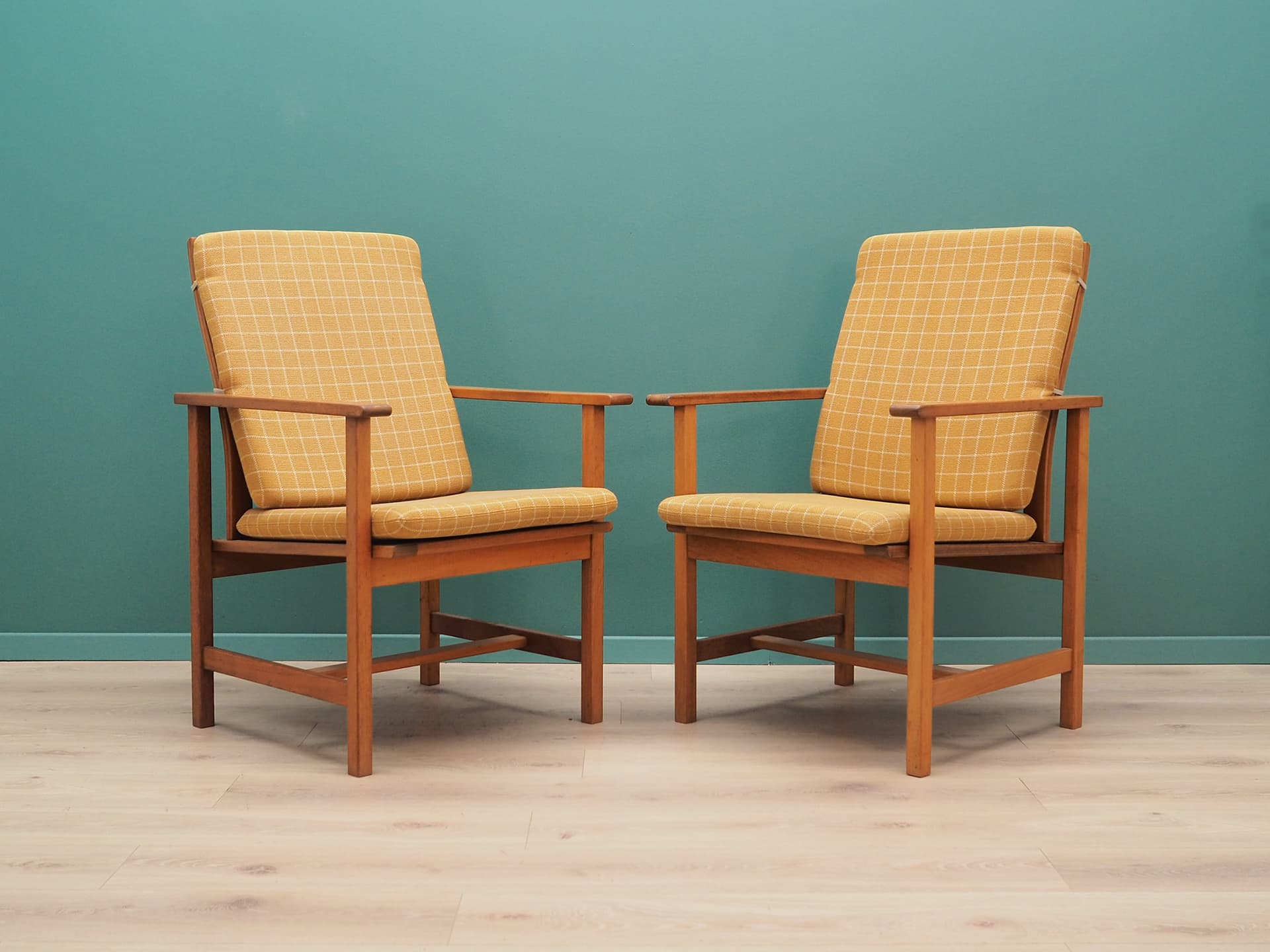 Armchair, yellow fabric, teak, by B. Mogensen, Denmark, 1970s - 50450