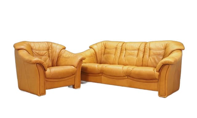 Komplet wypoczynkowy, skóra koniakowa, Skalma Møbelfabrik, Dania, lata 70. - WYMIARY