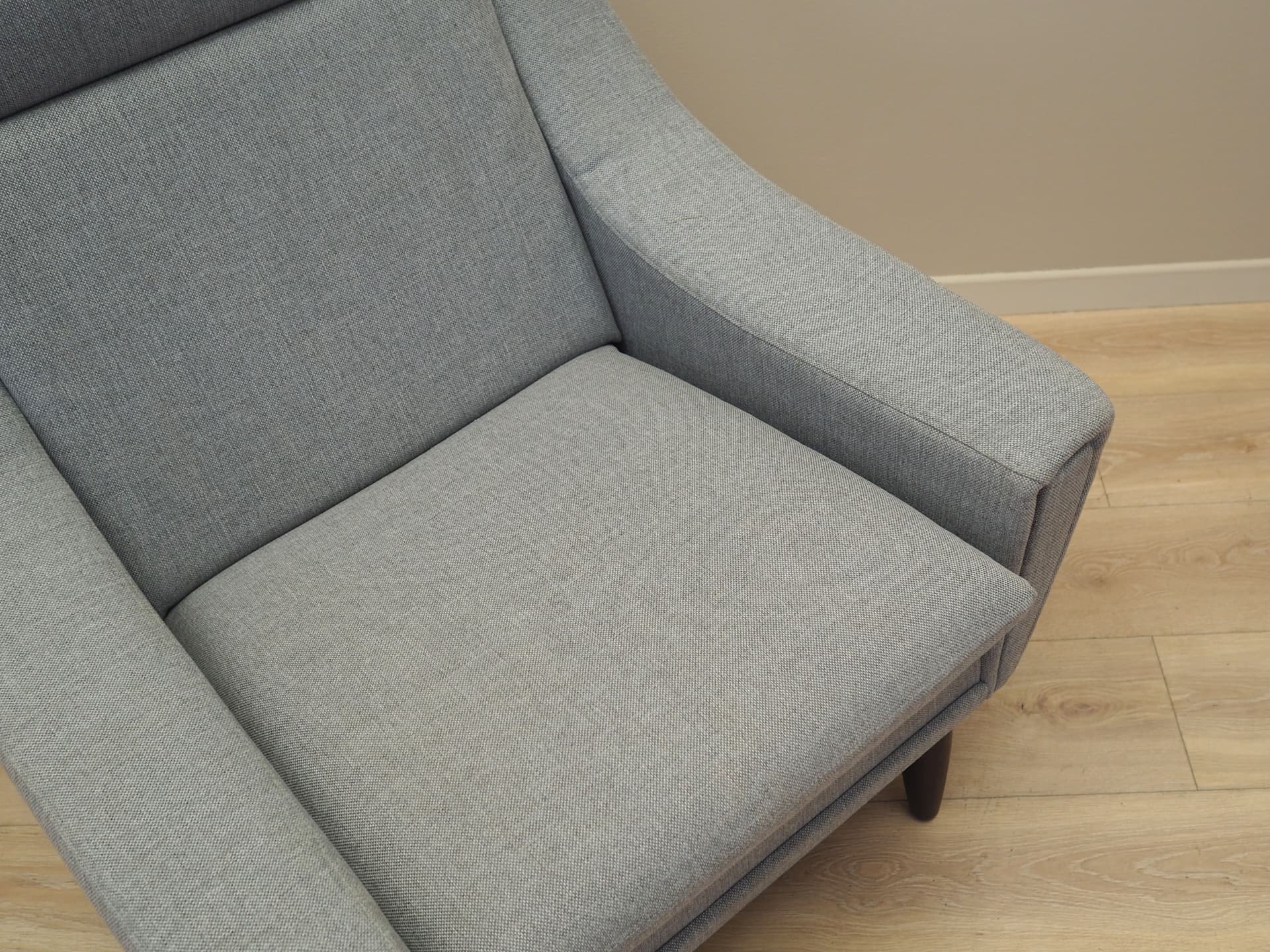 Armchair, grey fabric, wood, Denmark, 1970s. - 50417