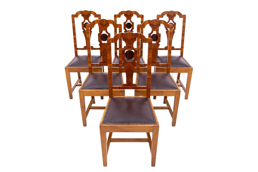 Brązowy komplet krzeseł, styl art deco, Polska, lata 40.