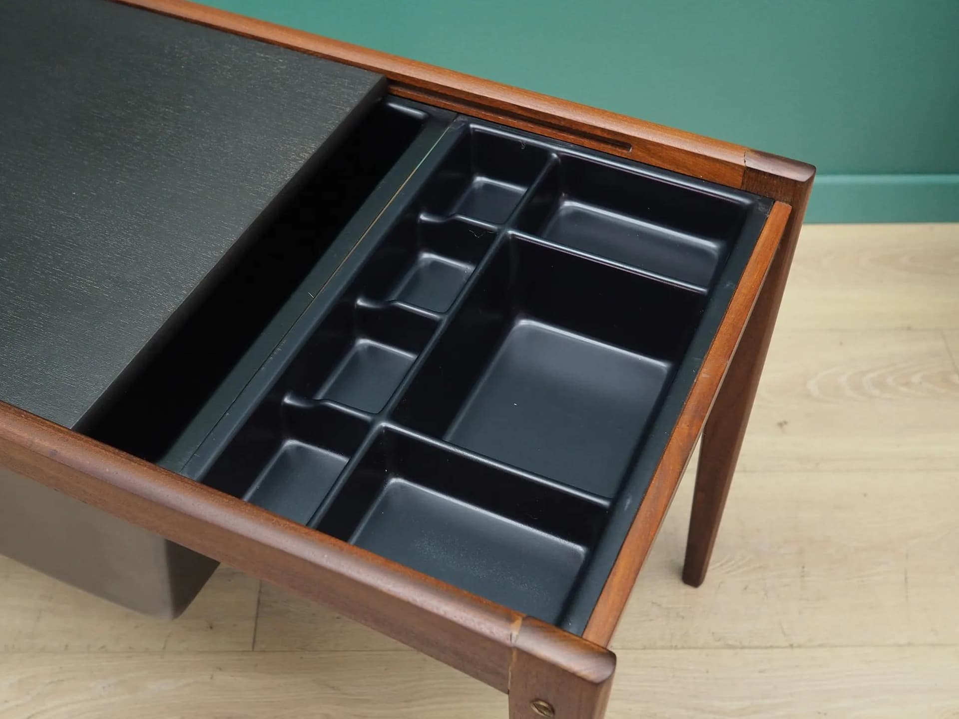 Sewing side table, brown teak black veneer, Denmark, 1960s. - 44611