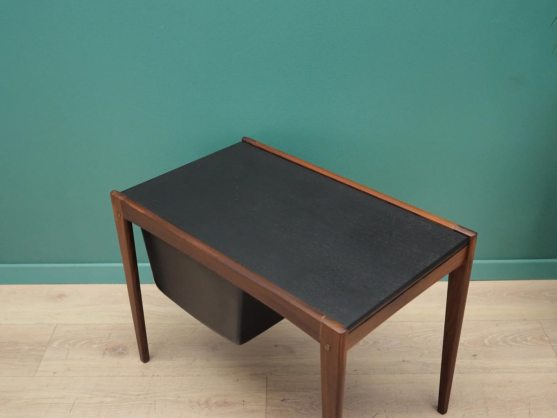 Sewing side table, brown teak black veneer, Denmark, 1960s. - 44609