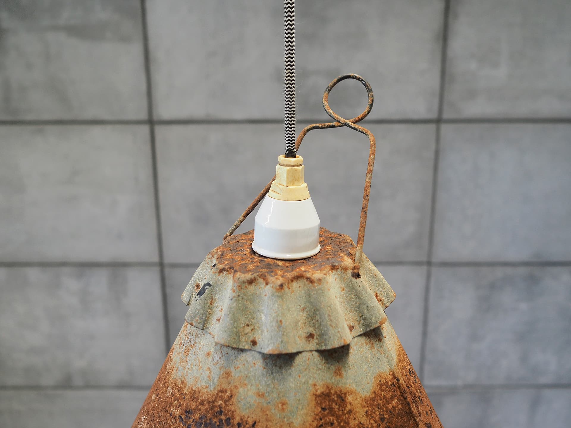 Pendant lamp, industrial, grey, metal, Poland, 1950s - 44710