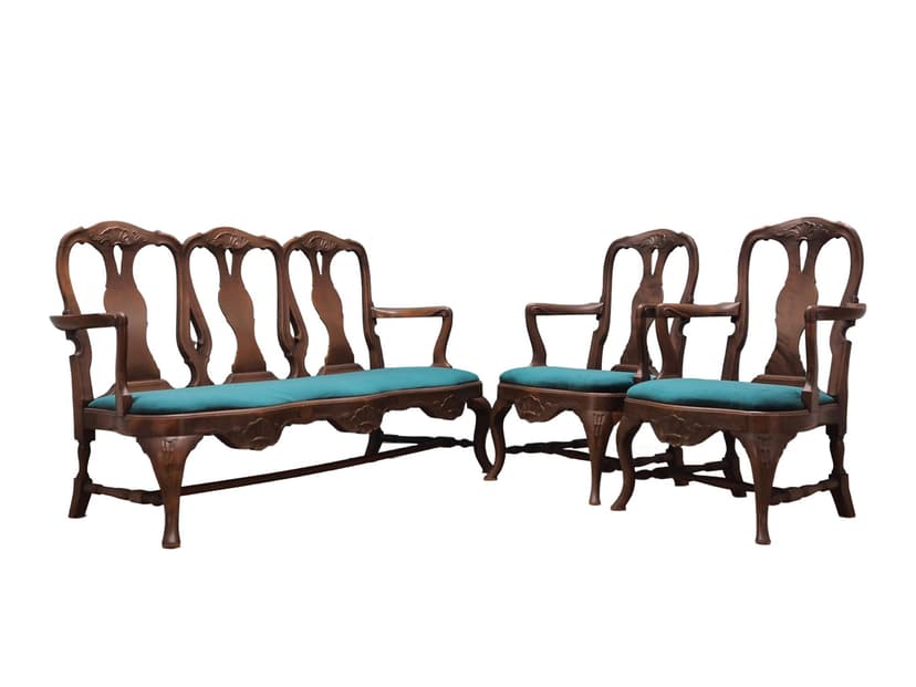 Komplet salonowy Chippendale, velvet turkus, orzech, Dania, lata 70.