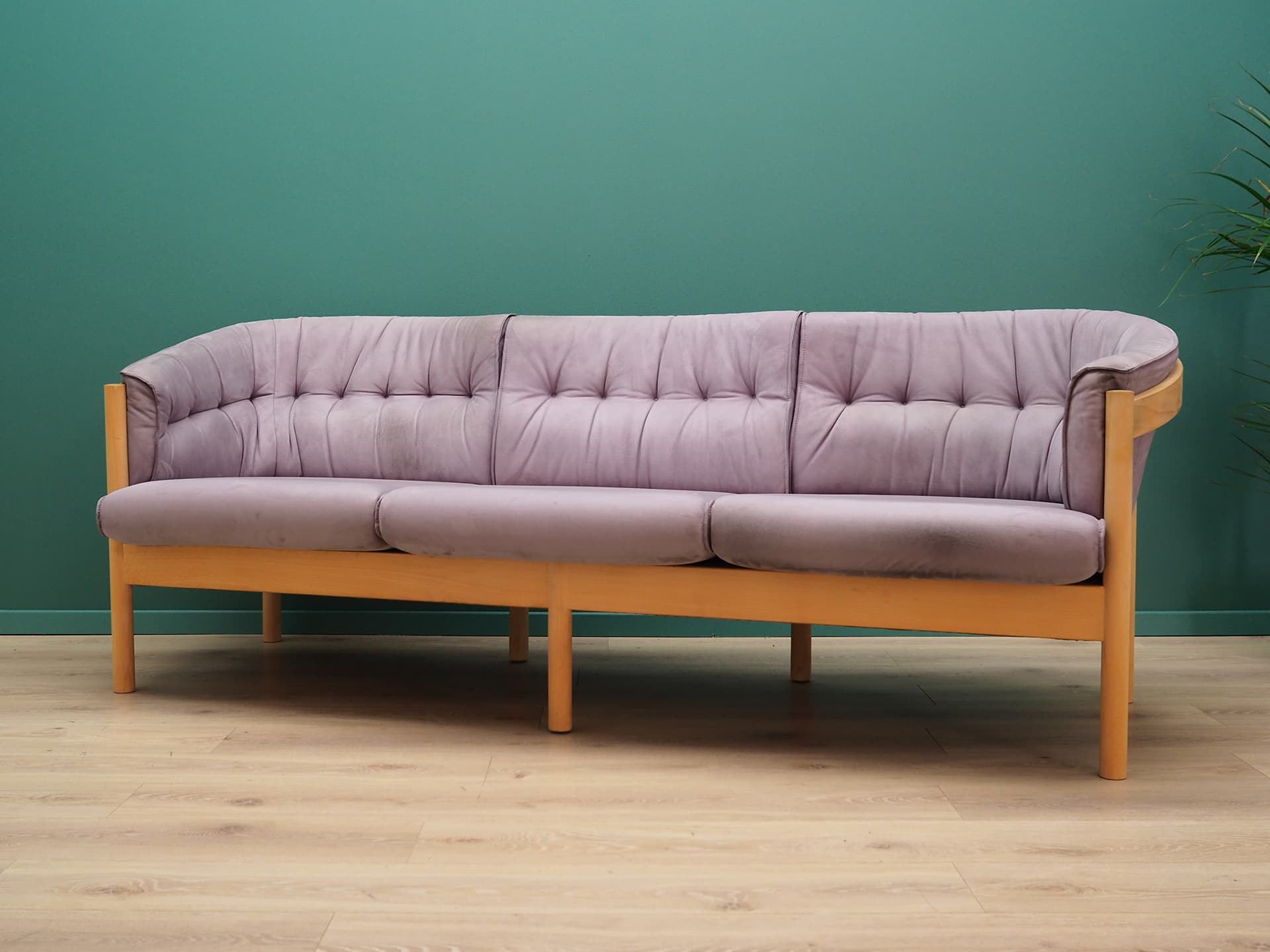 Sofa, velvet wrzosowy, buk, Dania, lata 70. - 44759