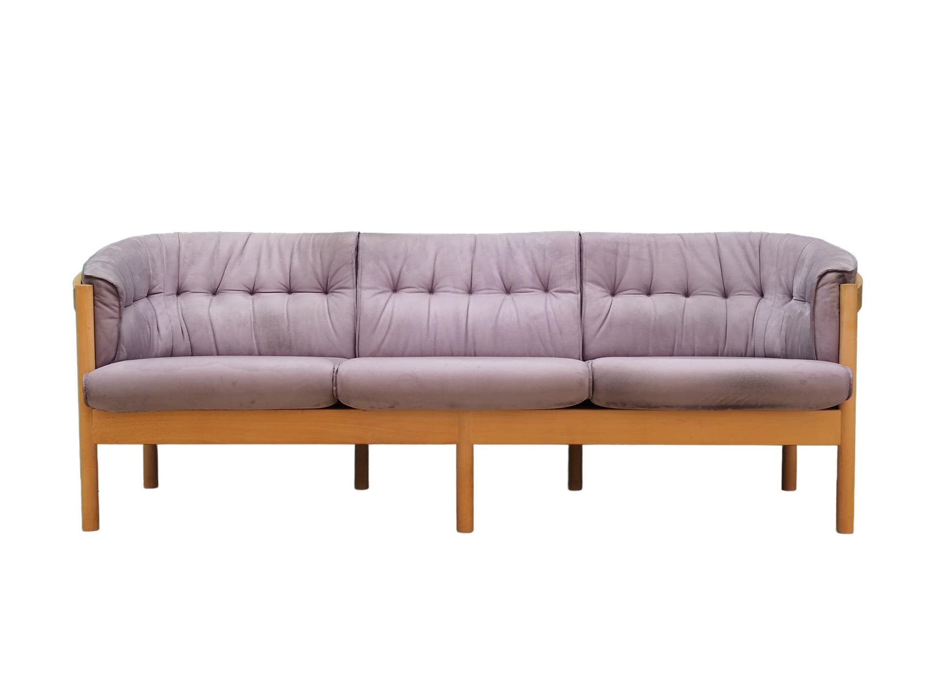 Sofa, velvet wrzosowy, buk, Dania, lata 70.