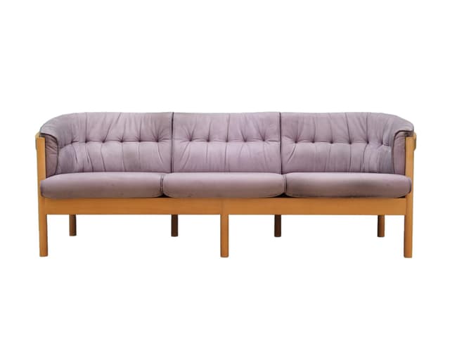 Sofa, velvet wrzosowy, buk, Dania, lata 70. - WYMIARY