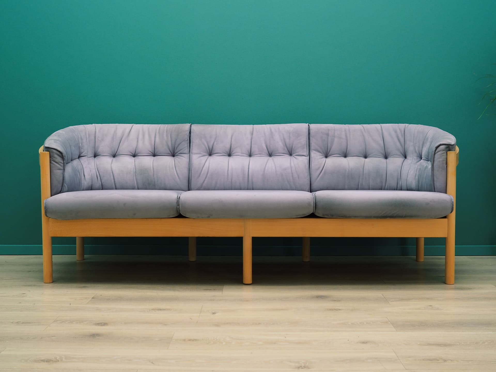 Sofa, velvet wrzosowy, buk, Dania, lata 70. - 50095