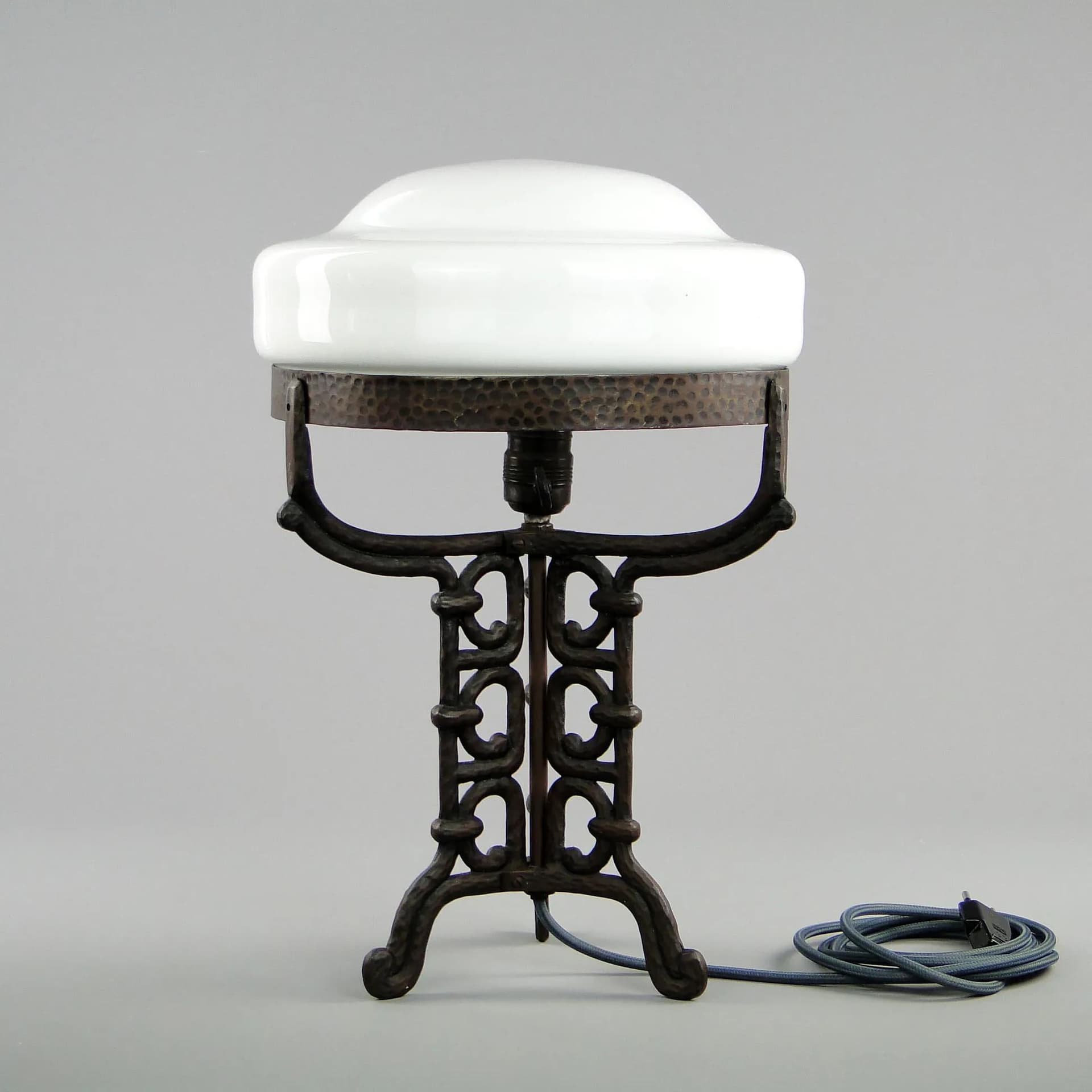 Table Lamp Art Deco, patinated steel, white glass, France, 1920s - 45012