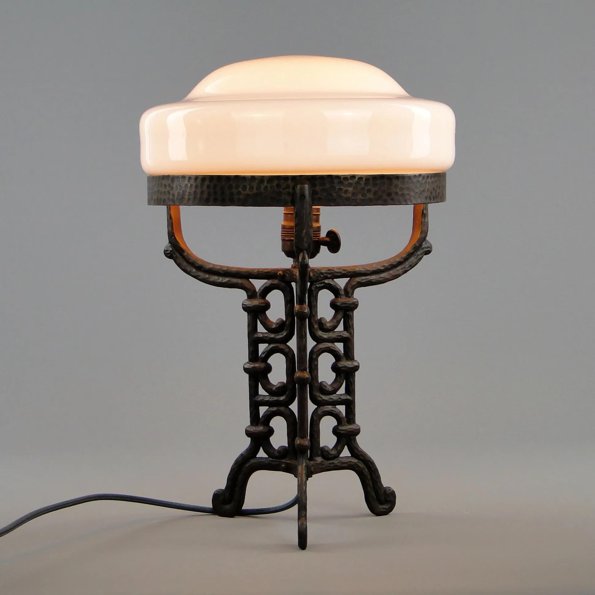 Table Lamp Art Deco, patinated steel, white glass, France, 1920s - 45014