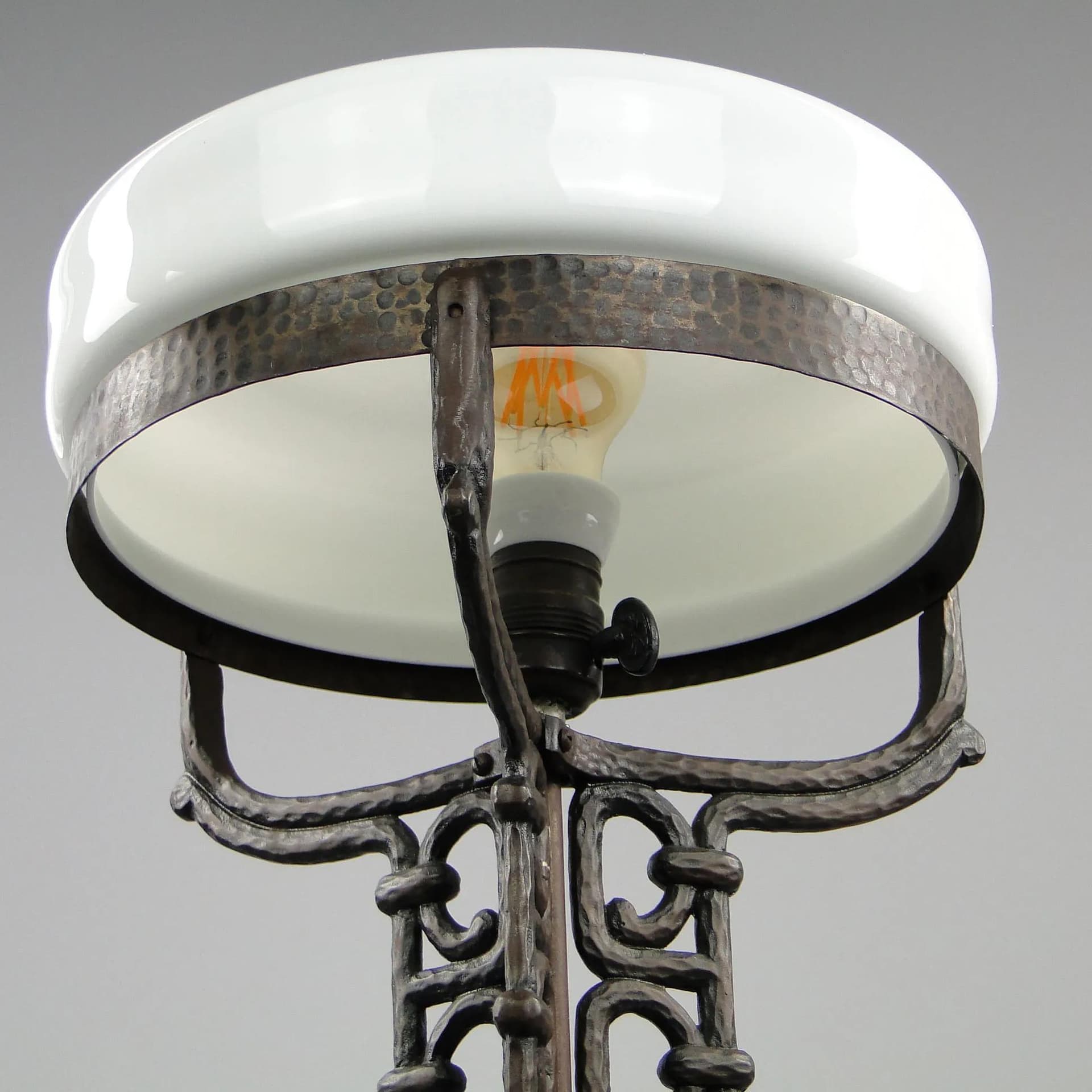 Table Lamp Art Deco, patinated steel, white glass, France, 1920s - 45013