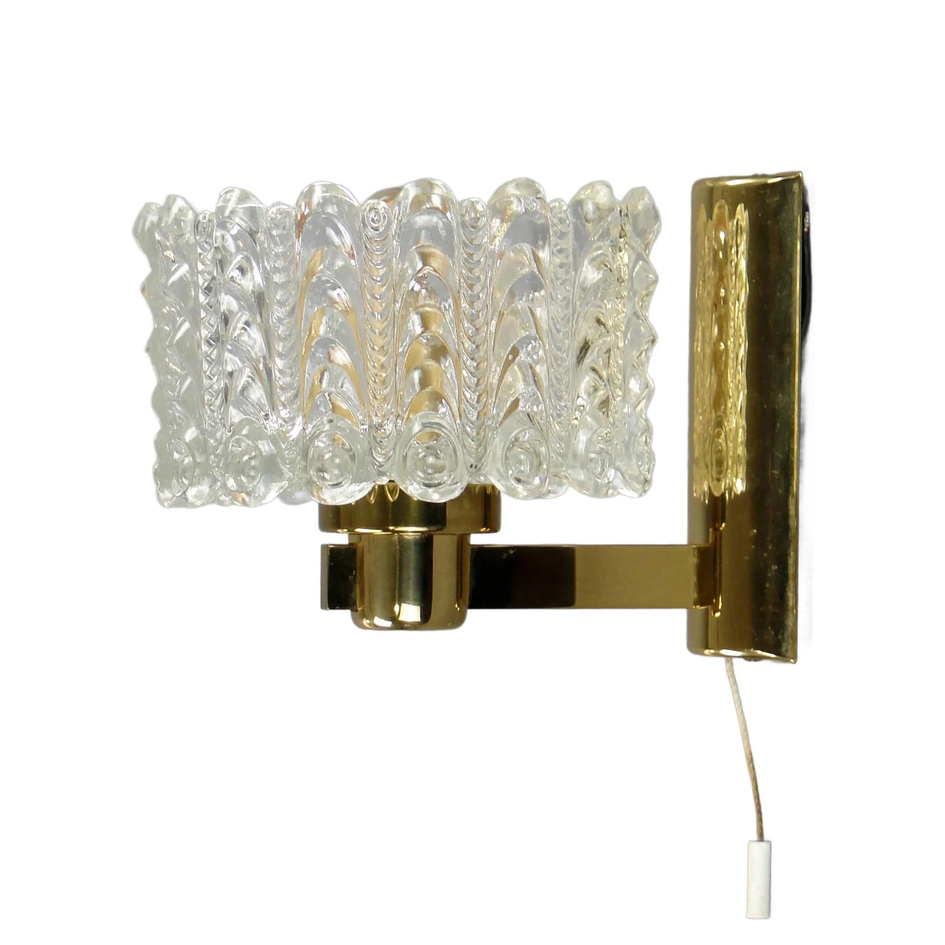 Wall light, transparent glass, brass, by C. Fagerlund, Orrefors, Sweden, 1960s.