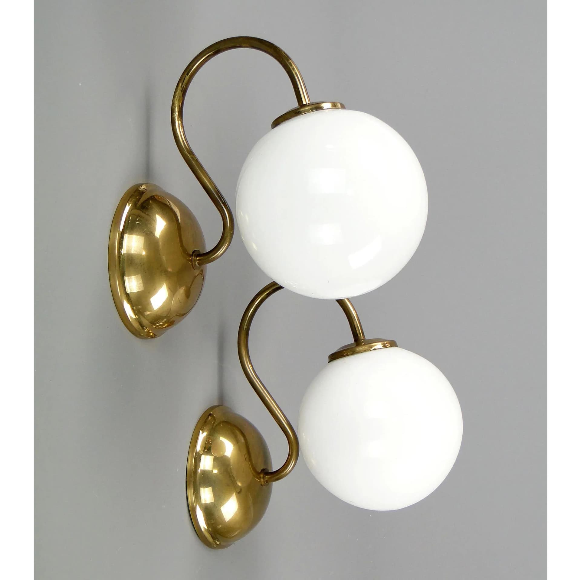 Pair of modernist wall sconces, golden brass, white glass, Poland, 1960s - 45347